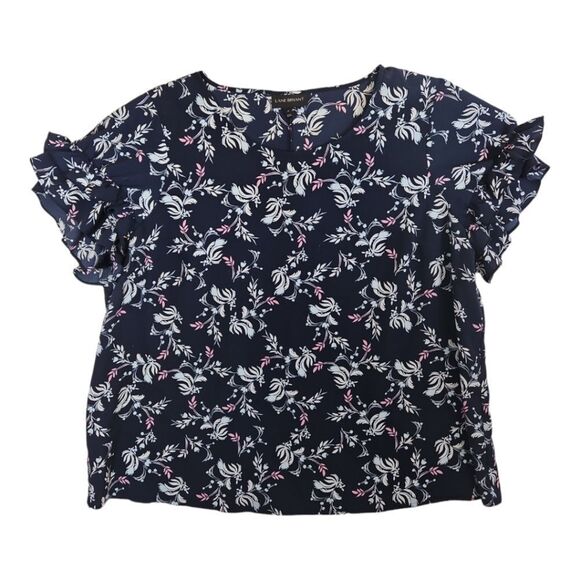 Lane Bryant Tops - Lane Bryant Navy Floral Ruffled Short Sleeve Blouse Size 24